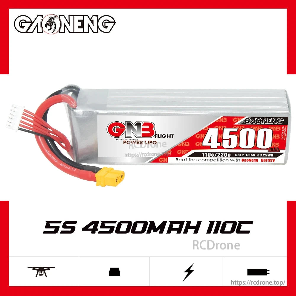 GAONENG GNB 5S 4500mAh 110C LiPo battery side label showing XT60 lead and balance connector
