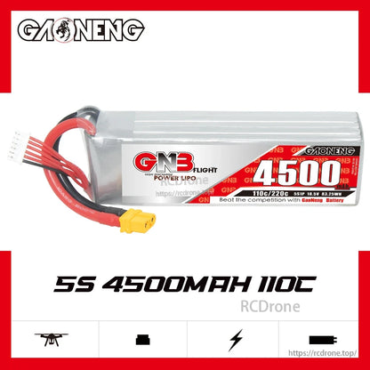 GAONENG GNB 5S 4500mAh 110C LiPo battery side label showing XT60 lead and balance connector