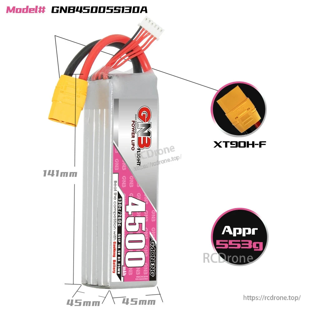 GNB45005S130A battery size diagram showing 141mm length and XT90H-F connector close-up