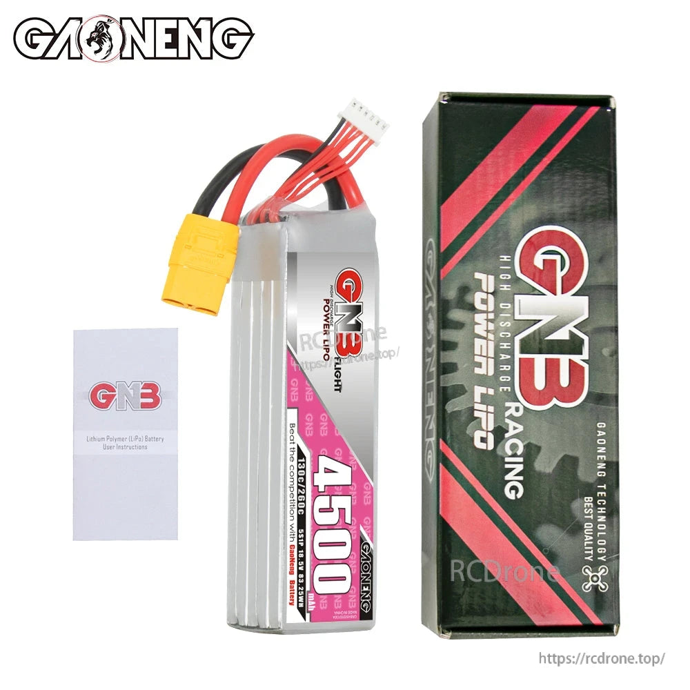 Package contents: GAONENG 4500mAh battery, GNB packing box, and user instructions booklet