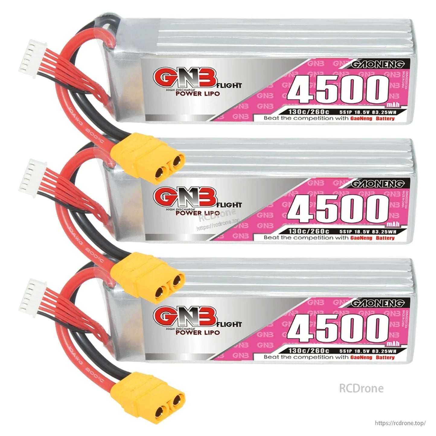 Three GAONENG 4500mAh LiPo batteries stacked, each with XT90 connector and balance lead