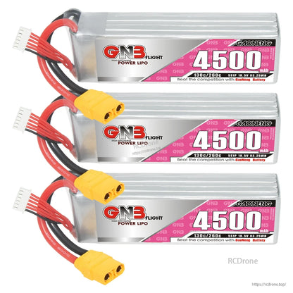 Three GAONENG 4500mAh LiPo batteries stacked, each with XT90 connector and balance lead