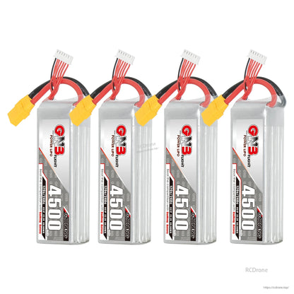 Four GNB 4500 LiPo batteries displayed side by side, each with XT90 connector and balance plug