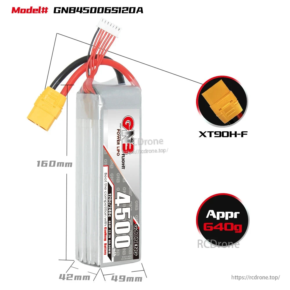 GNB45006S120A size and weight diagram with XT90H-F connector callout and dimensions (160mm long)