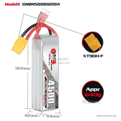 GNB45006S120A size and weight diagram with XT90H-F connector callout and dimensions (160mm long)