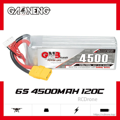 GAONENG GNB 6S 4500mAh 120C LiPo battery with XT90 lead, product graphic on white background