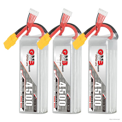 Three GNB 4500 LiPo batteries shown upright with XT90 connectors and balance leads