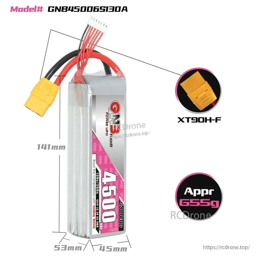 Battery size diagram for GNB45006S130A showing 141 x 53 x 45 mm and XT90H-F plug