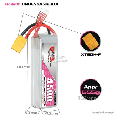 Battery size diagram for GNB45006S130A showing 141 x 53 x 45 mm and XT90H-F plug