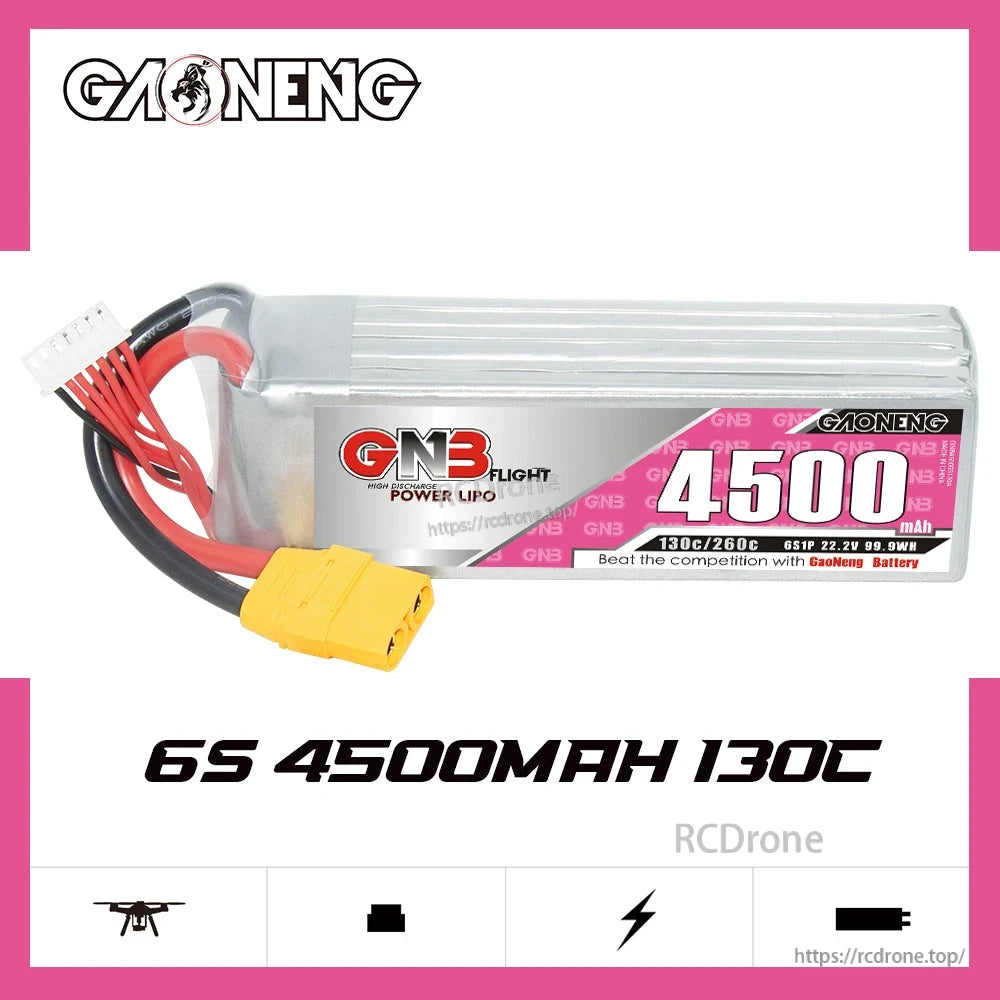 GAONENG GNB 6S 22.2V 4500mAh 130C LiPo battery promo graphic with XT90 plug