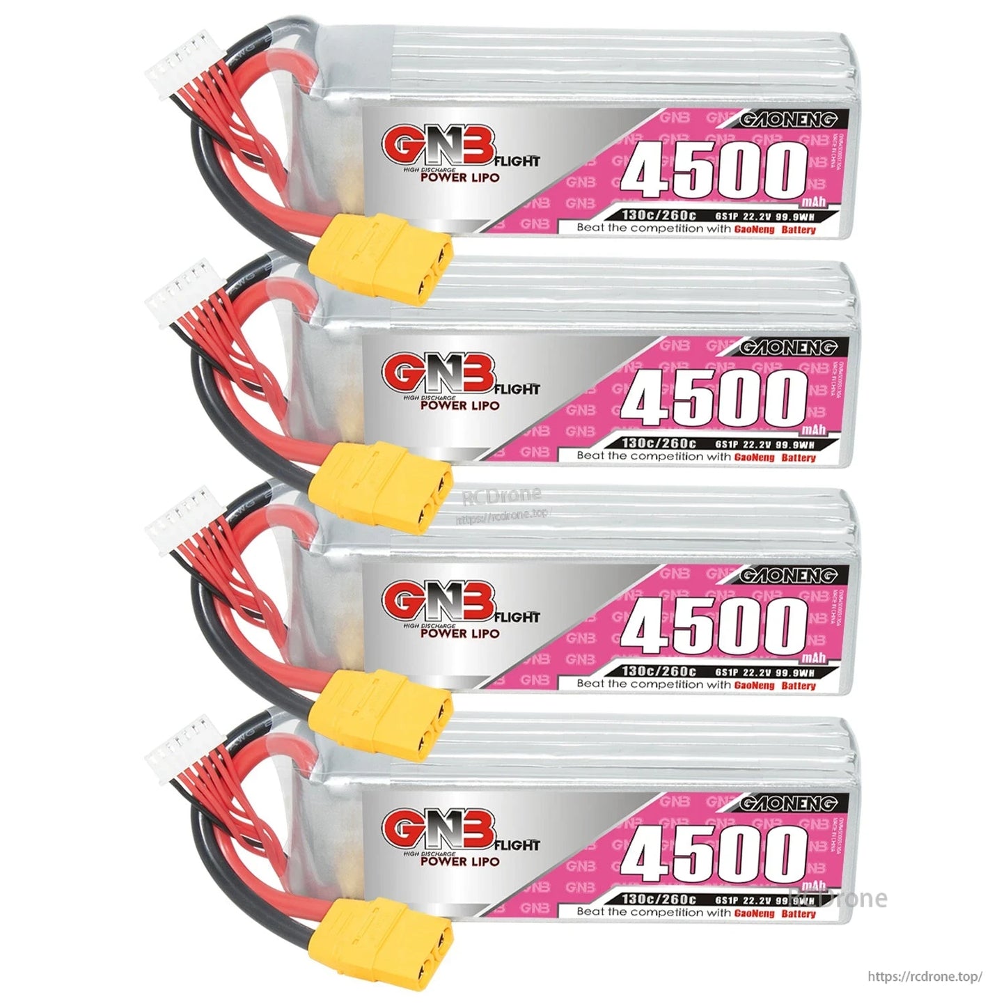 Four GNB 4500mAh LiPo batteries stacked in a column with XT90 connectors visible