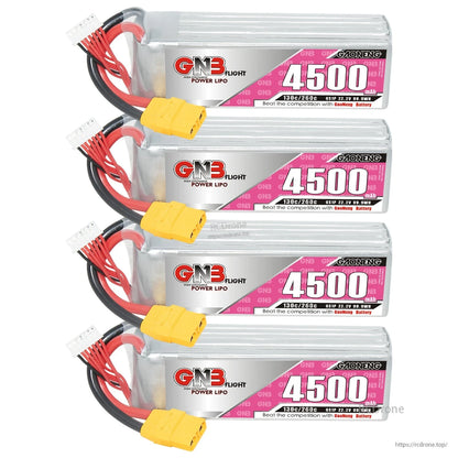 Four GNB 4500mAh LiPo batteries stacked in a column with XT90 connectors visible