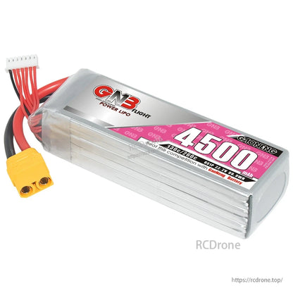 Angled view of GNB 4500mAh LiPo battery showing label, XT90 connector, and balance plug