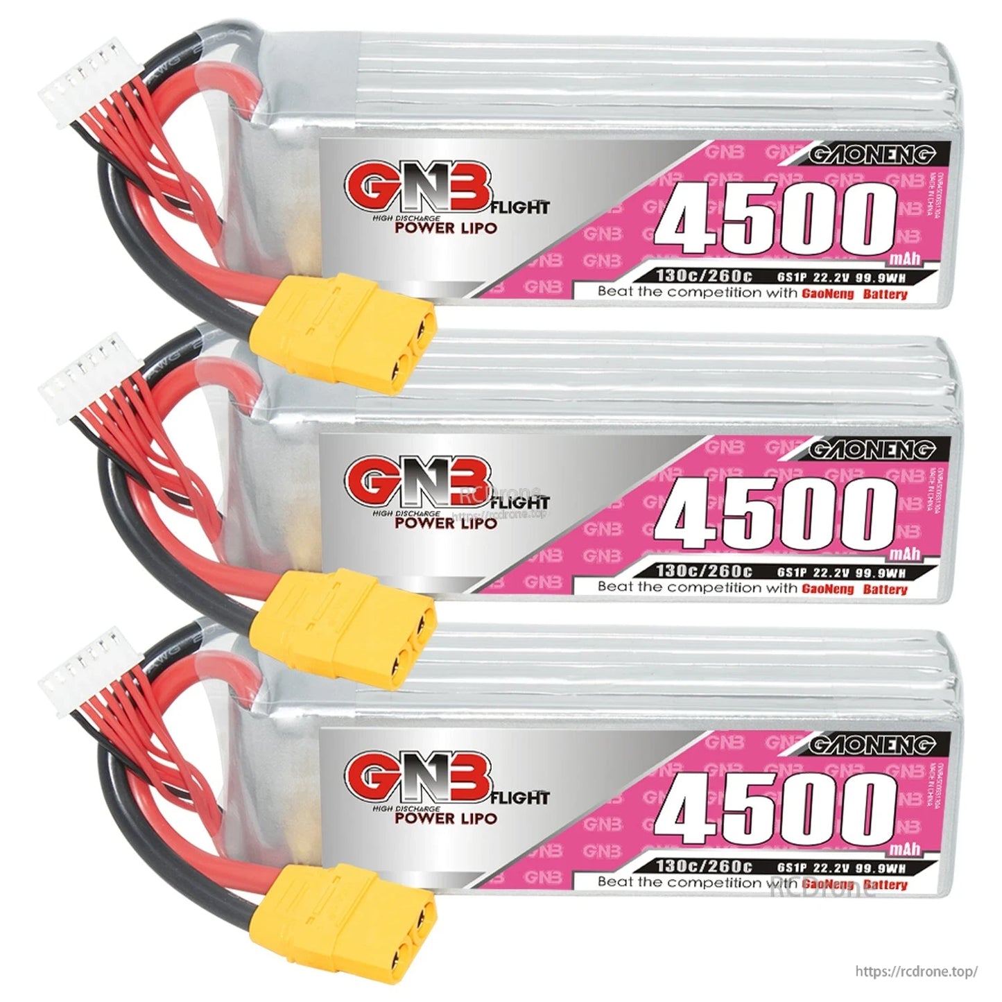 Three GNB 4500mAh LiPo batteries stacked, each with XT90 connectors and balance leads