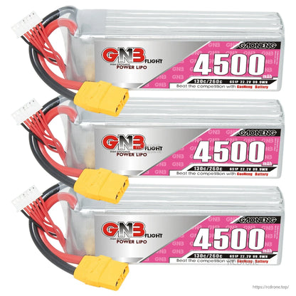 Three GNB 4500mAh LiPo batteries stacked, each with XT90 connectors and balance leads