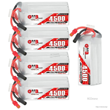 Four batteries in a row plus one upright GNB 4500 pack showing label and connector leads