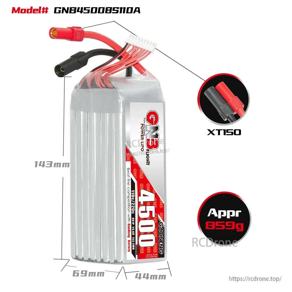 GNB45008S110A battery with XT150 connector close-up, size diagram 143×69×44 mm and approx. 859 g