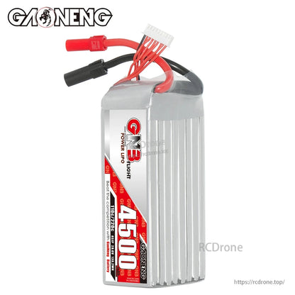 Upright side view of GAONENG GNB 4500 battery pack with power leads and balance plug