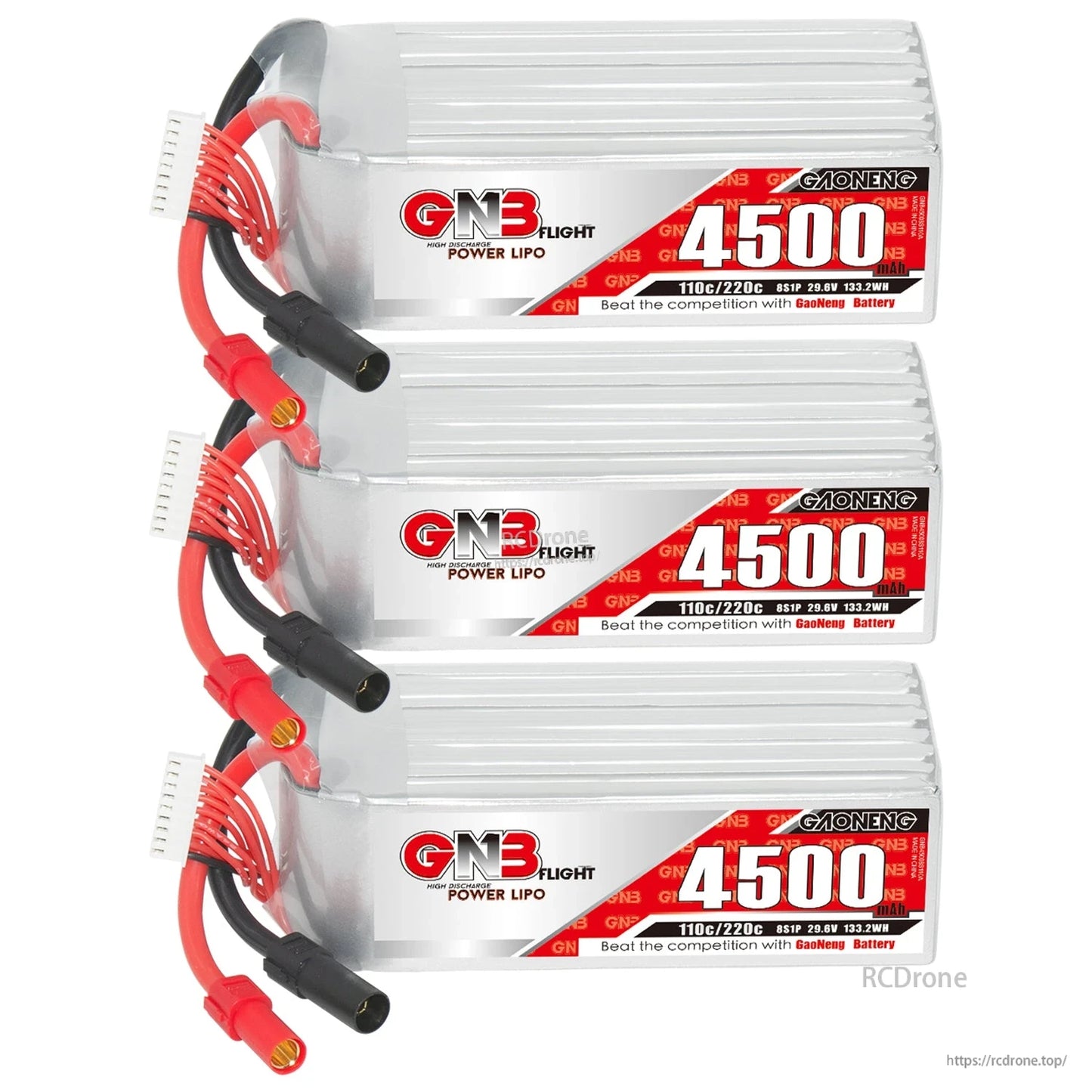 Three GAONENG GNB 4500 LiPo batteries stacked, showing labels and connector leads