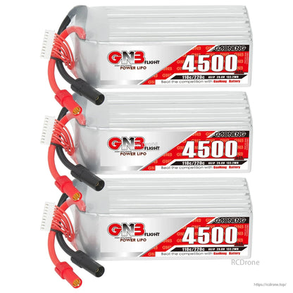Three GAONENG GNB 4500 LiPo batteries stacked, showing labels and connector leads