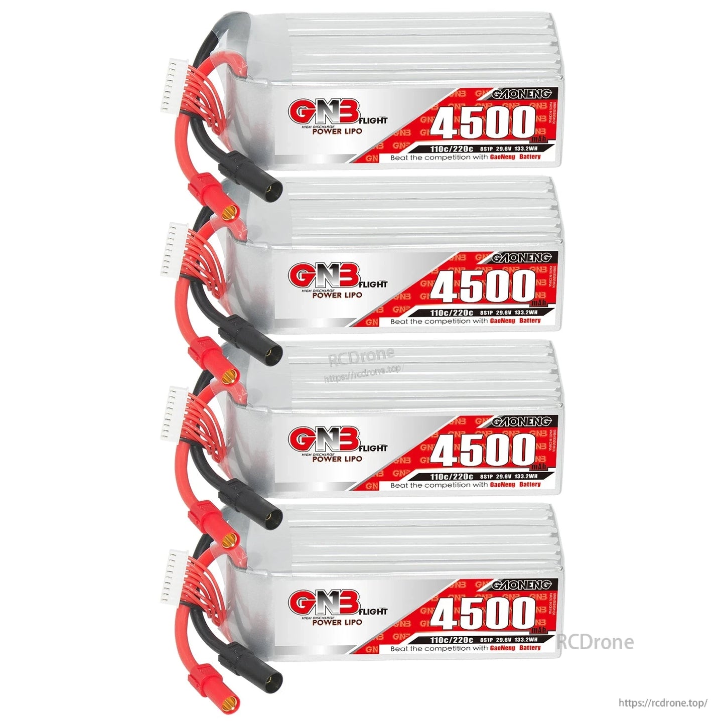 Four GNB 4500 LiPo batteries stacked vertically, labels facing forward with leads visible