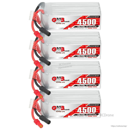 Four GNB 4500 LiPo batteries stacked vertically, labels facing forward with leads visible