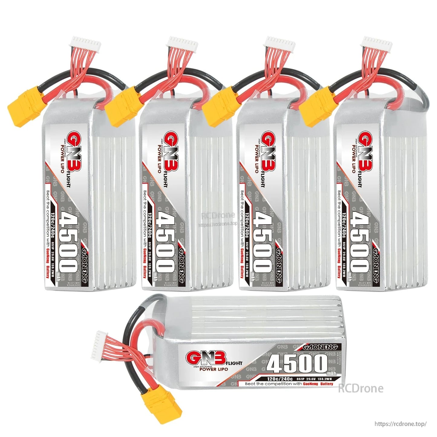 Five-pack bundle: four upright GNB 4500 LiPo batteries plus one horizontal pack, all with XT90 leads
