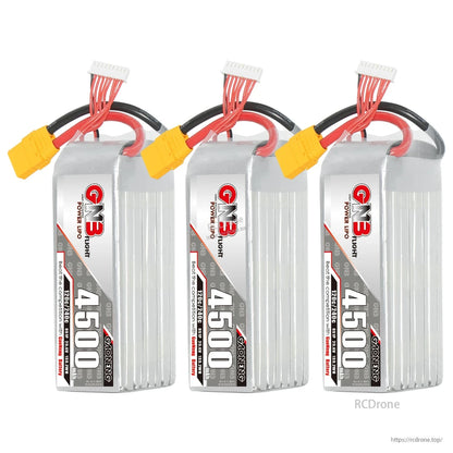 Three-pack bundle of GNB 4500 LiPo batteries standing upright with XT90 connectors