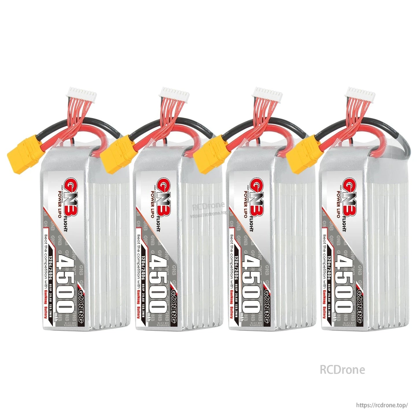 Four-pack bundle of GNB 4500 LiPo batteries with XT90 connectors and balance leads
