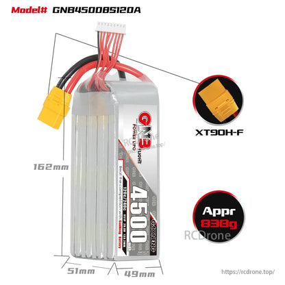 GNB45008S120A battery size chart showing 162mm length, 51mm width, 49mm height and XT90H-F plug