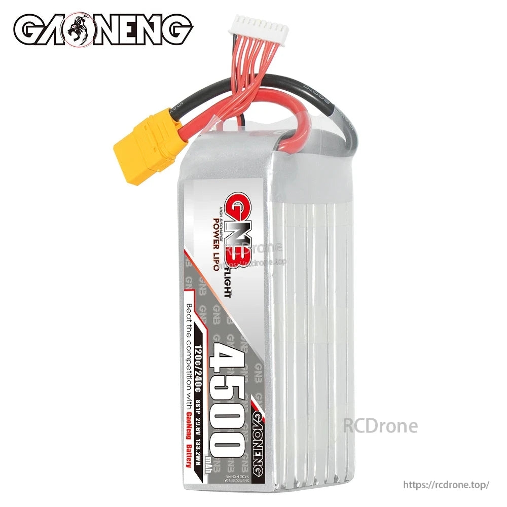 Upright side view of GNB 4500 LiPo pack showing thick power leads, balance plug, and ribbed case