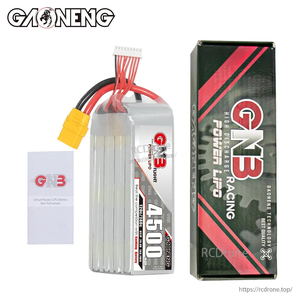 Package contents: GNB 4500 battery, GNB Power LiPo retail box, and included instruction card