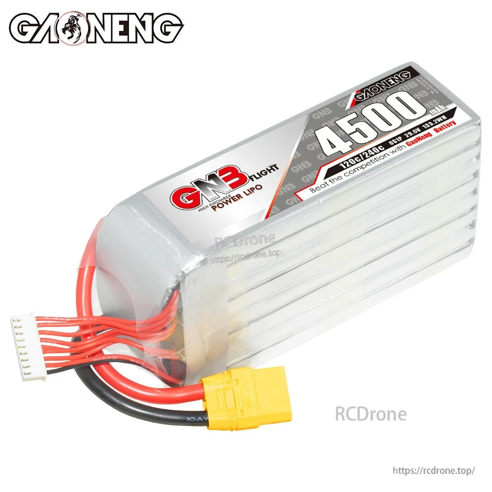 Angled top view of the 4500mAh LiPo pack showing label, end cap, power wires, and balance connector
