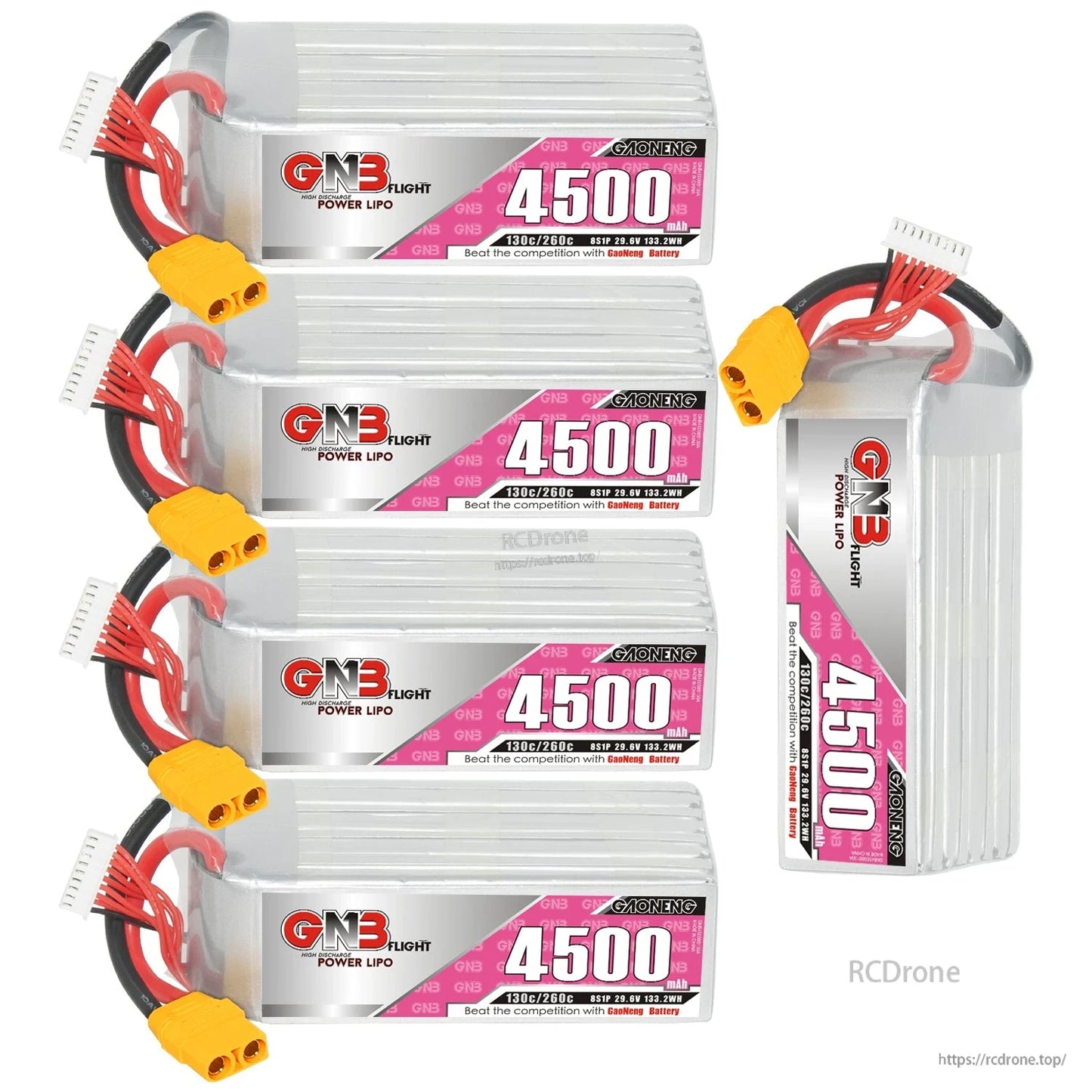 Four GNB 4500 LiPo batteries stacked plus one upright battery showing side profile and XT90 leads
