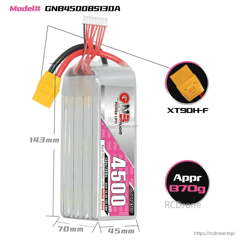 GNB45008S130A battery size and weight diagram with XT90H-F connector close-up (143×70×45mm)
