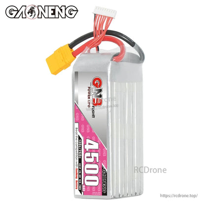 Upright side view of GAONENG GNB 4500 battery showing wiring exit and XT90 plug