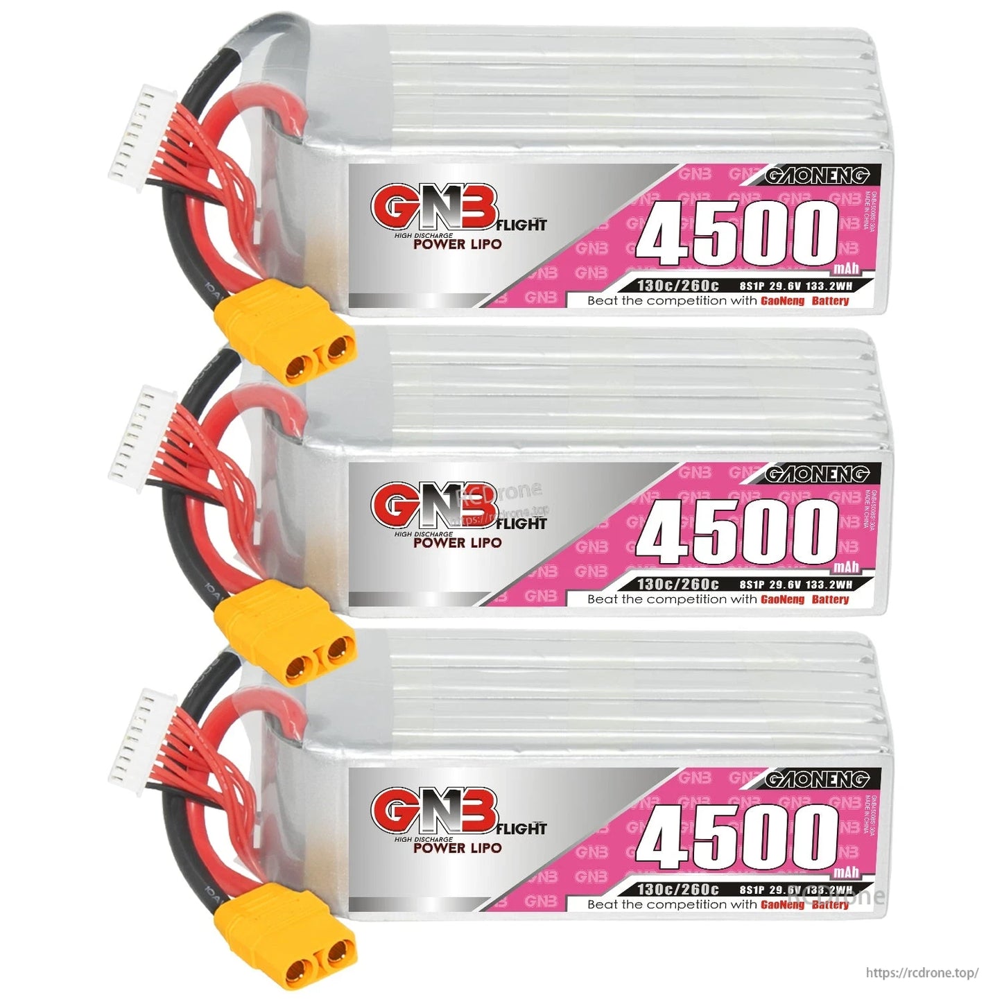 Three GAONENG GNB 4500 LiPo batteries stacked, each with XT90 connector and balance plug