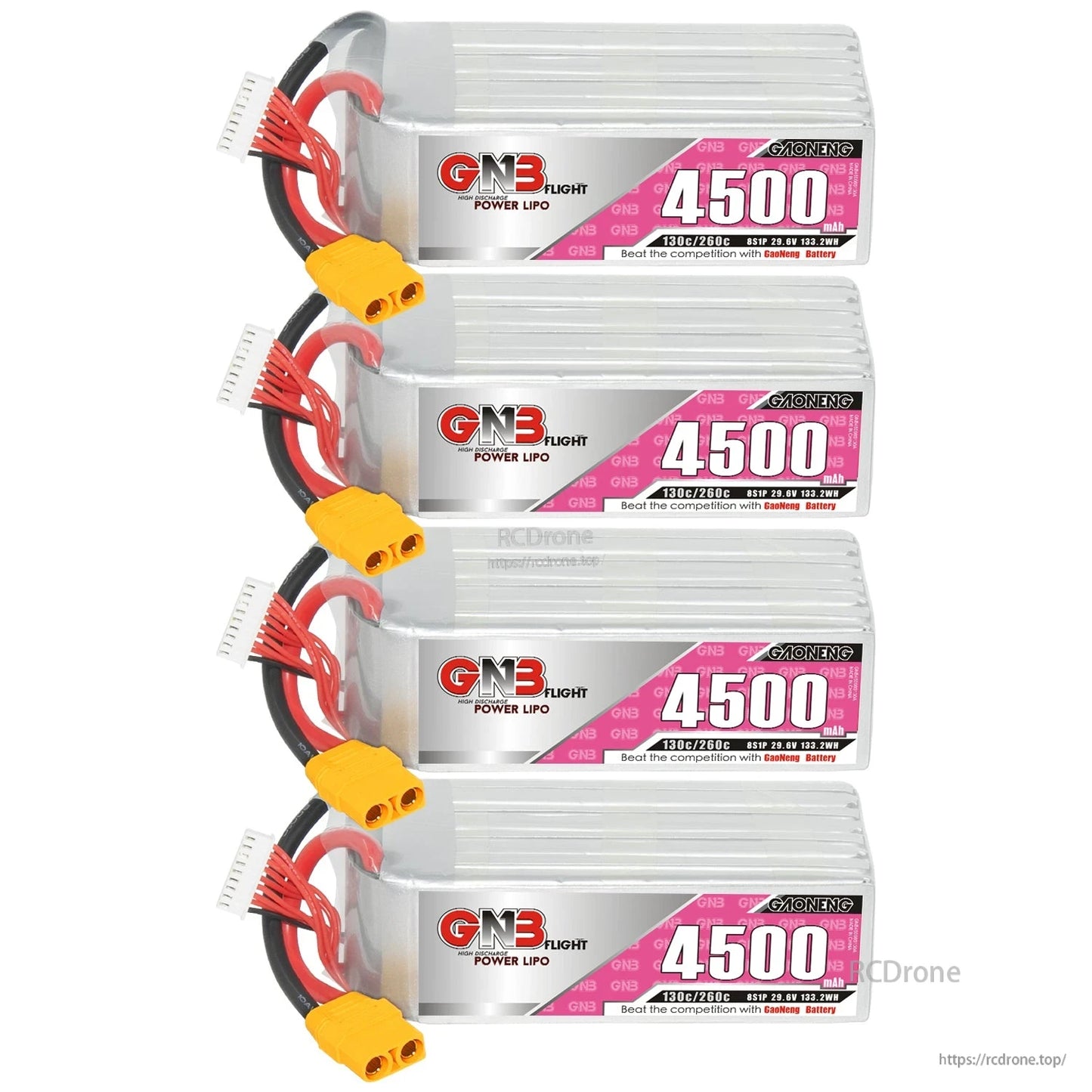 Four GNB 4500 LiPo batteries stacked vertically, showing labels, XT90 connectors, and balance leads