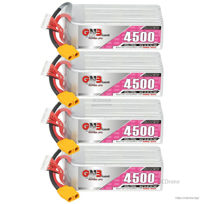 Four GNB 4500 LiPo batteries stacked vertically, showing labels, XT90 connectors, and balance leads