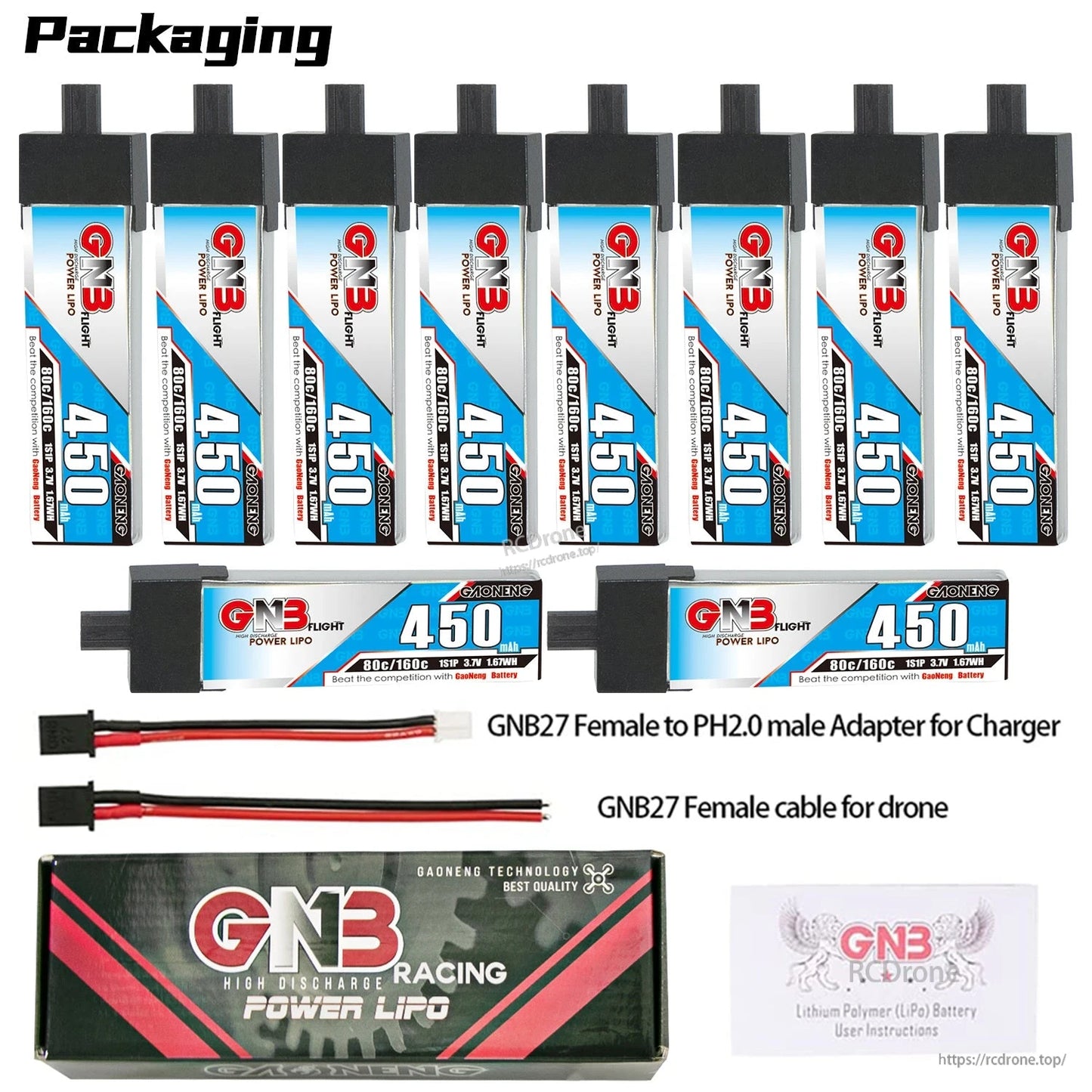 Bundle layout with ten 450mAh batteries (incl. two horizontal views), adapter cable, drone lead, box and manual