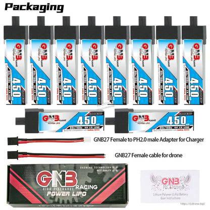 Bundle layout with ten 450mAh batteries (incl. two horizontal views), adapter cable, drone lead, box and manual
