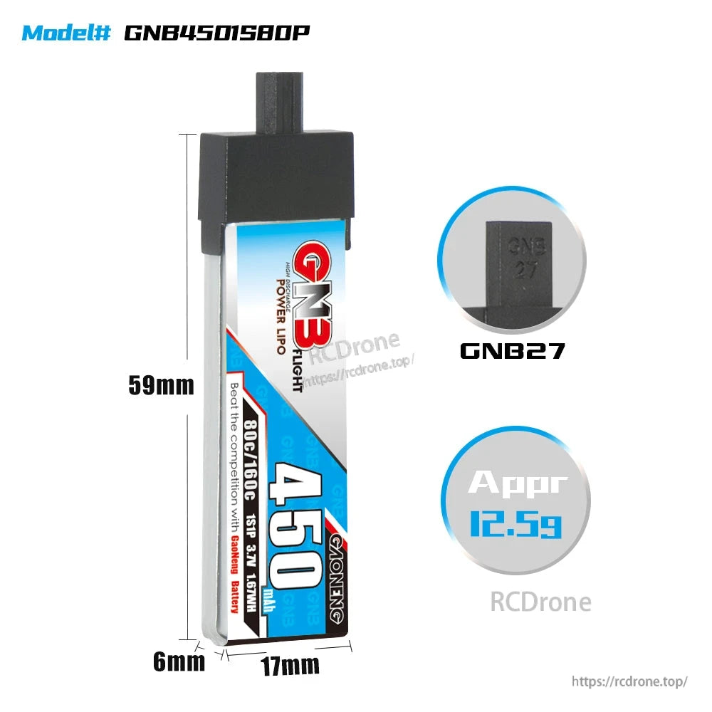 GNB4501S80P battery size diagram (59×17×6 mm) with GNB27 connector close-up and 12.5 g weight