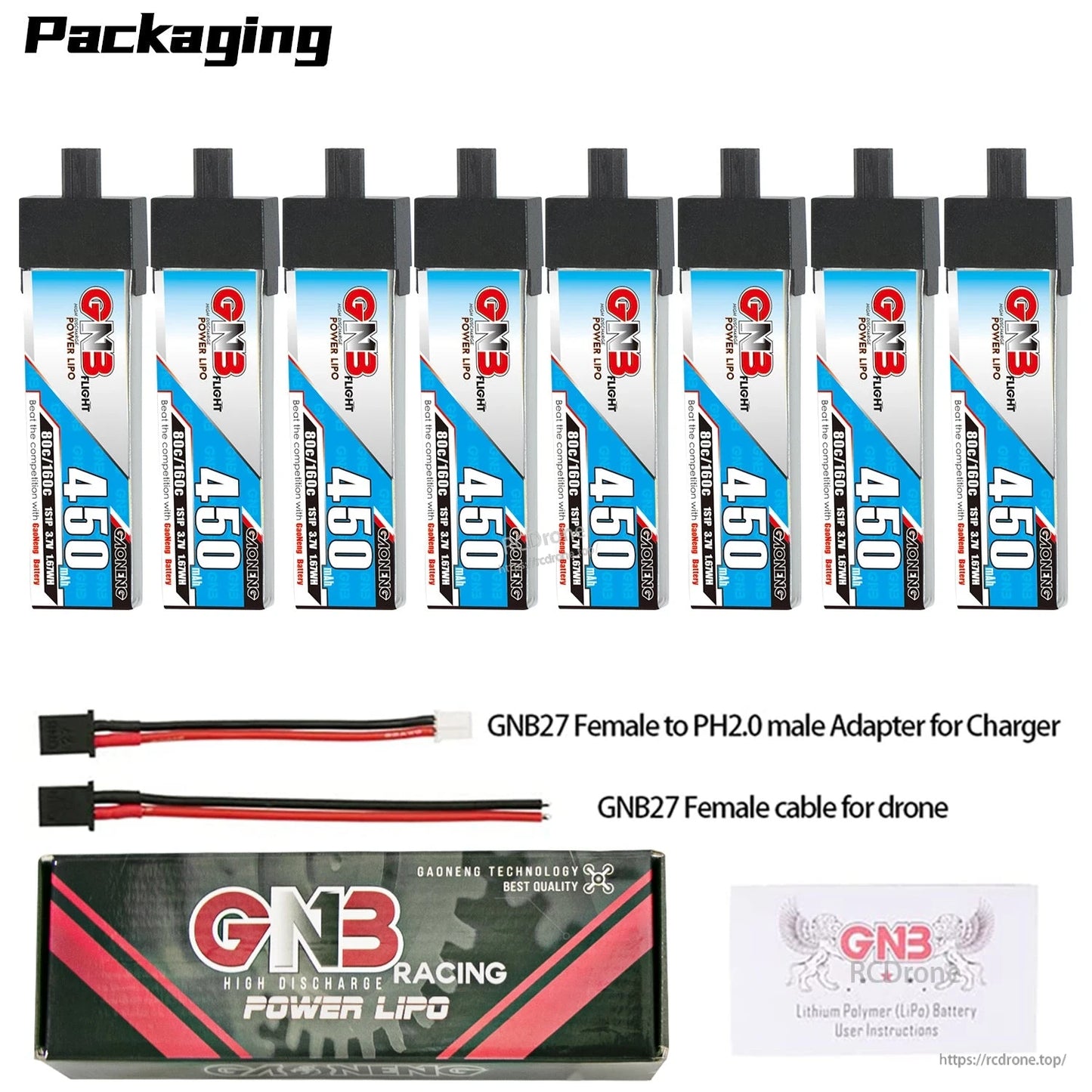 Packaging contents shown: eight 450mAh batteries with adapter cable, drone cable, retail box and manual