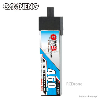 Front view of GNB flight 450mAh LiPo battery label with top-mounted long connector