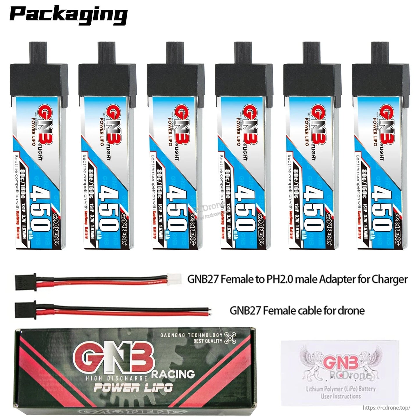 Packaging contents shown: six 450mAh batteries plus GNB27-to-PH2.0 adapter, drone lead, box and manual