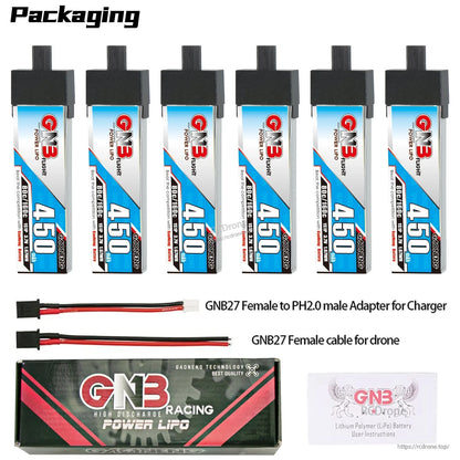 Packaging contents shown: six 450mAh batteries plus GNB27-to-PH2.0 adapter, drone lead, box and manual