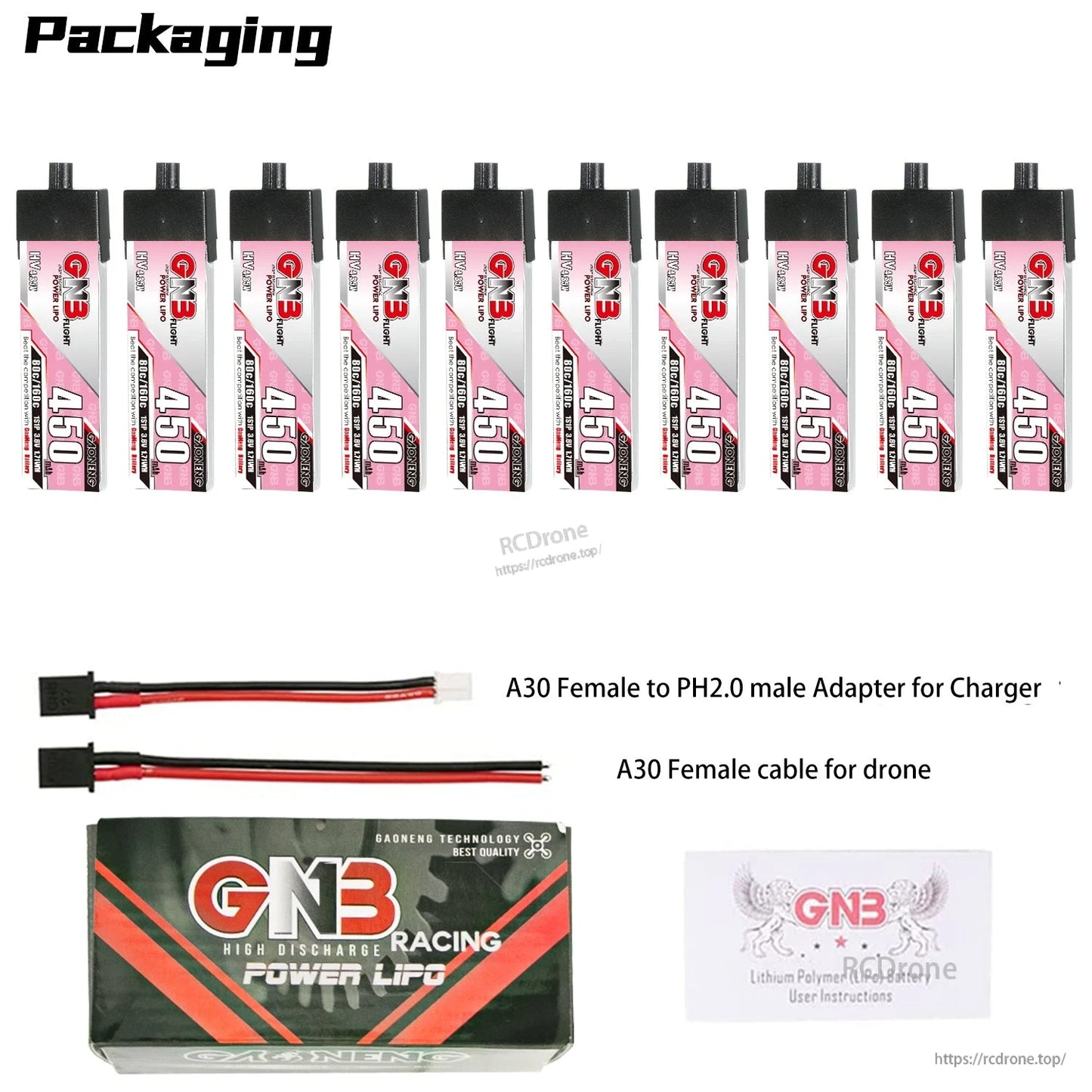 Packaging contents: 10 GNB450 batteries with A30 charger adapter, A30 cable, GN3 Racing box and instructions