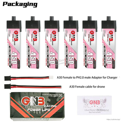 Packaging contents: 6 GNB450 batteries with A30 to PH2.0 adapter cable, A30 lead, storage box and manual