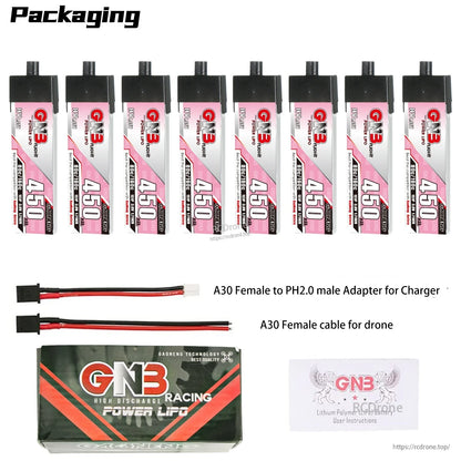 Packaging contents: 8 GNB450 batteries, A30 female to PH2.0 male adapter for charger, A30 cable, box, manual