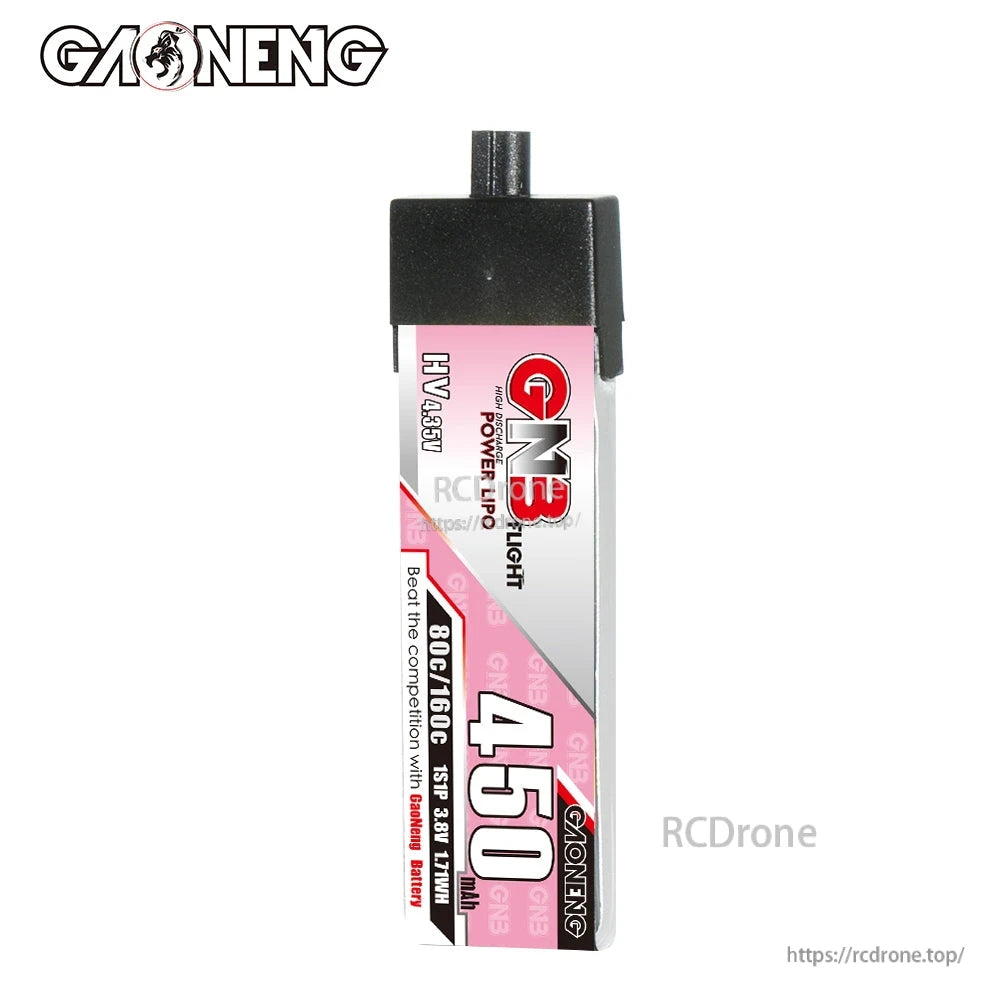Front label view of GNB HV 4.35V 450mAh 80C/160C 1S 3.8V 1.71Wh LiPo battery with A30